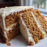 Close-up of two slices of moist, orange-brown spice cake layered and generously covered in thick cream cheese frosting.