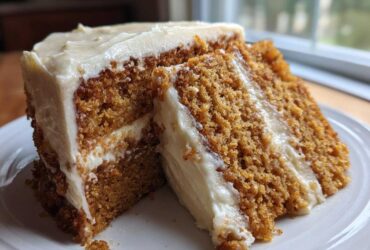 Close-up of two slices of moist, orange-brown spice cake layered and generously covered in thick cream cheese frosting.
