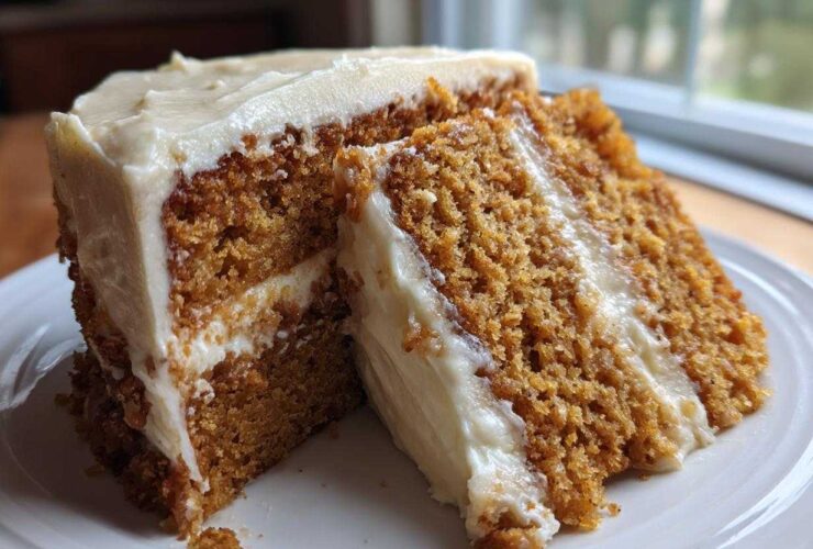 Close-up of two slices of moist, orange-brown spice cake layered and generously covered in thick cream cheese frosting.