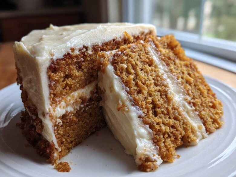 Close-up of two slices of moist, orange-brown spice cake layered and generously covered in thick cream cheese frosting.