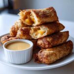 A stack of crispy, golden brown peach cobbler egg rolls dusted with cinnamon sugar, served with a side of caramel dipping sauce.