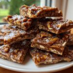 A stack of shiny, square pieces of Pecan Pie Bark sprinkled with powdered sugar on a white plate.