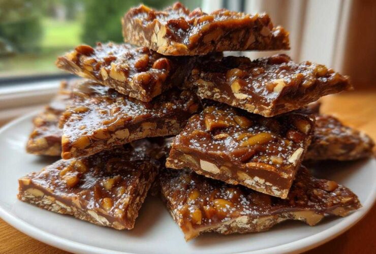 A stack of shiny, square pieces of Pecan Pie Bark sprinkled with powdered sugar on a white plate.