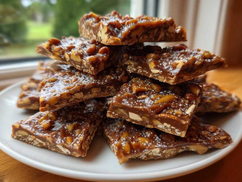 A stack of shiny, square pieces of Pecan Pie Bark sprinkled with powdered sugar on a white plate.