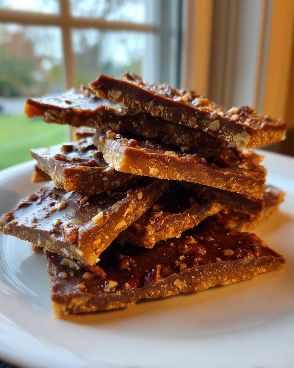 A stack of broken pieces of rich, caramel-colored Pecan Pie Bark topped with chopped nuts on a white plate.