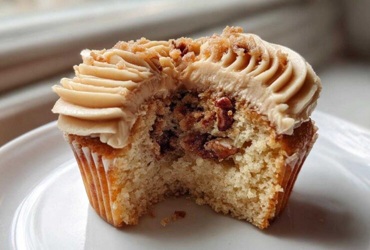A close-up view of a pecan pie cupcakes cut in half, showing the cake interior filled with pecans and topped with brown sugar frosting.