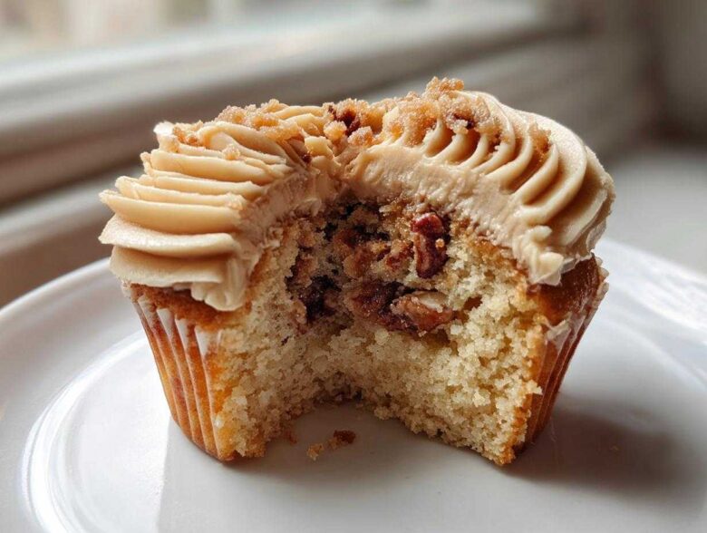 A close-up view of a pecan pie cupcakes cut in half, showing the cake interior filled with pecans and topped with brown sugar frosting.
