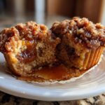 Close-up of a pecan pie muffins cut in half, showing the gooey pecan filling inside and a crumb topping.