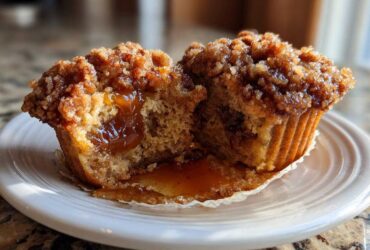 Close-up of a pecan pie muffins cut in half, showing the gooey pecan filling inside and a crumb topping.