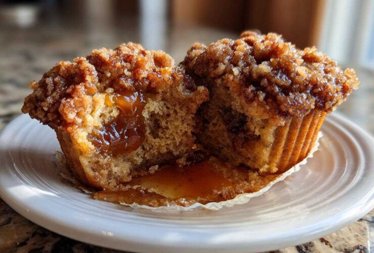 Close-up of a pecan pie muffins cut in half, showing the gooey pecan filling inside and a crumb topping.