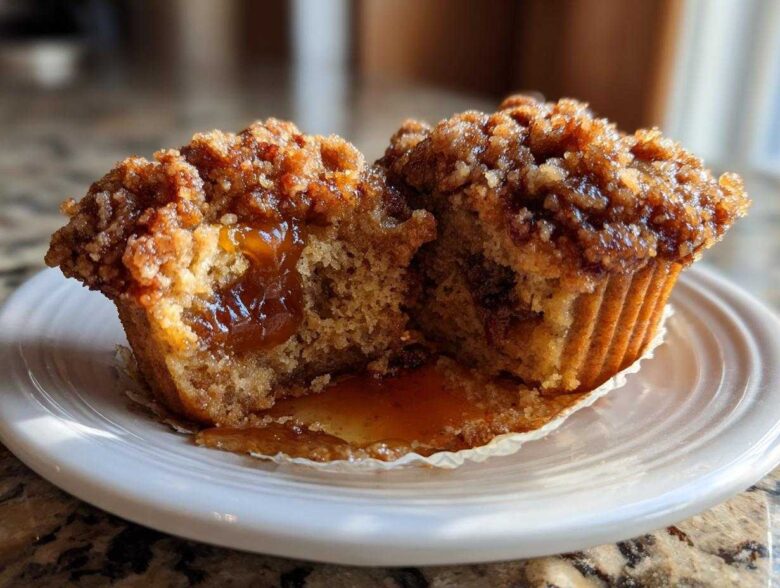 Close-up of a pecan pie muffins cut in half, showing the gooey pecan filling inside and a crumb topping.