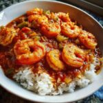 Close-up of a bowl of flavorful shrimp creole with large seasoned shrimp and green peppers served over fluffy white rice.