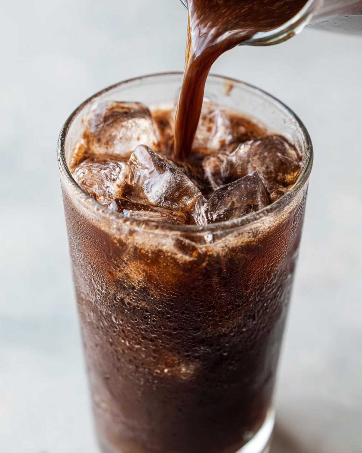 Close-up of rich brown liquid being poured over ice cubes to make chocolate milk in a sweating glass.