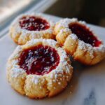 Three delicious raspberry thumbprint cookies dusted heavily with powdered sugar on a light surface.