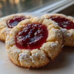 Three delicious raspberry thumbprint cookies dusted with powdered sugar resting on a white plate.