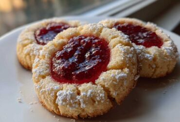 Three delicious raspberry thumbprint cookies dusted with powdered sugar resting on a white plate.