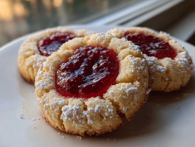 Three delicious raspberry thumbprint cookies dusted with powdered sugar resting on a white plate.