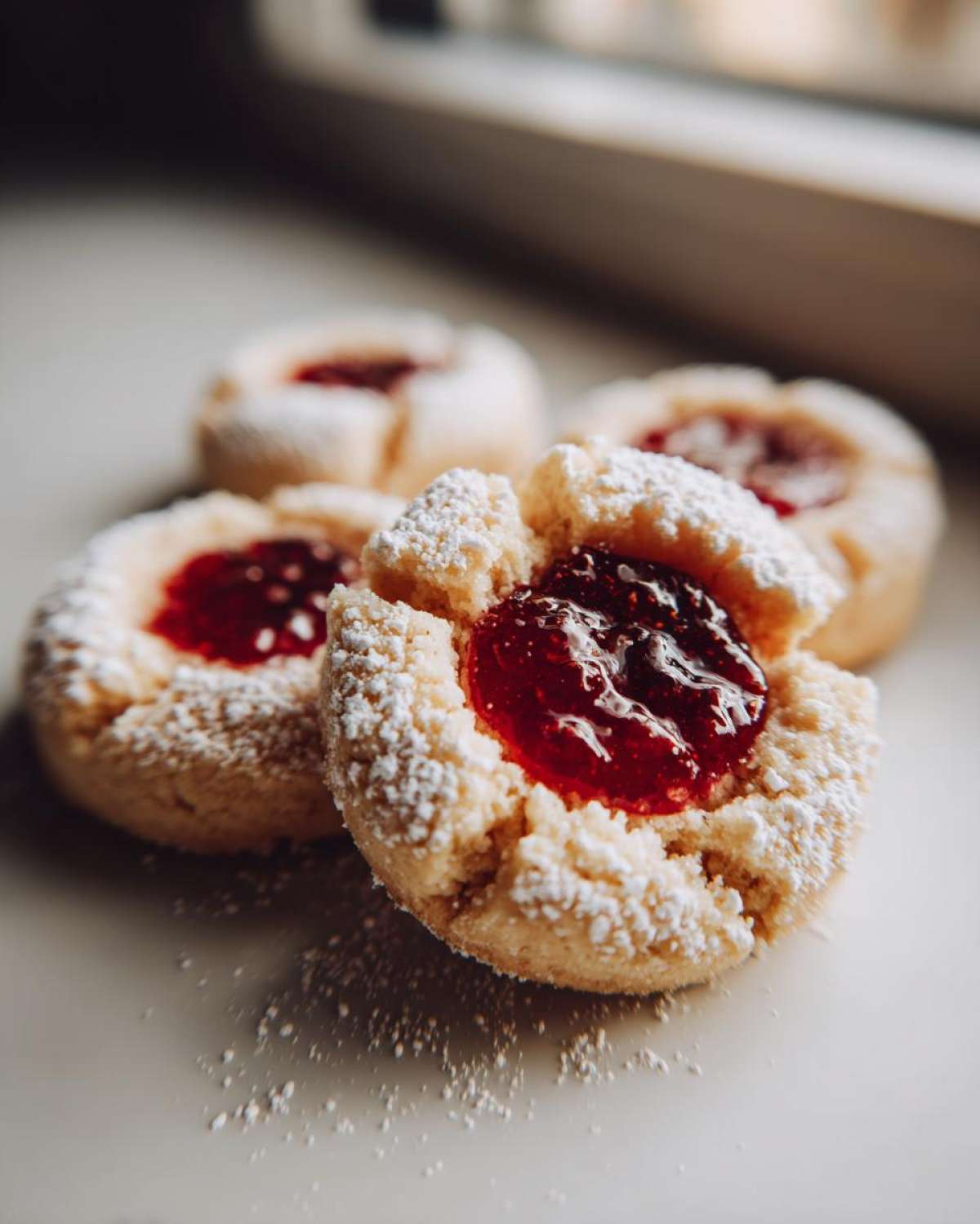 Close-up of three delicious raspberry thumbprint cookies dusted with powdered sugar.