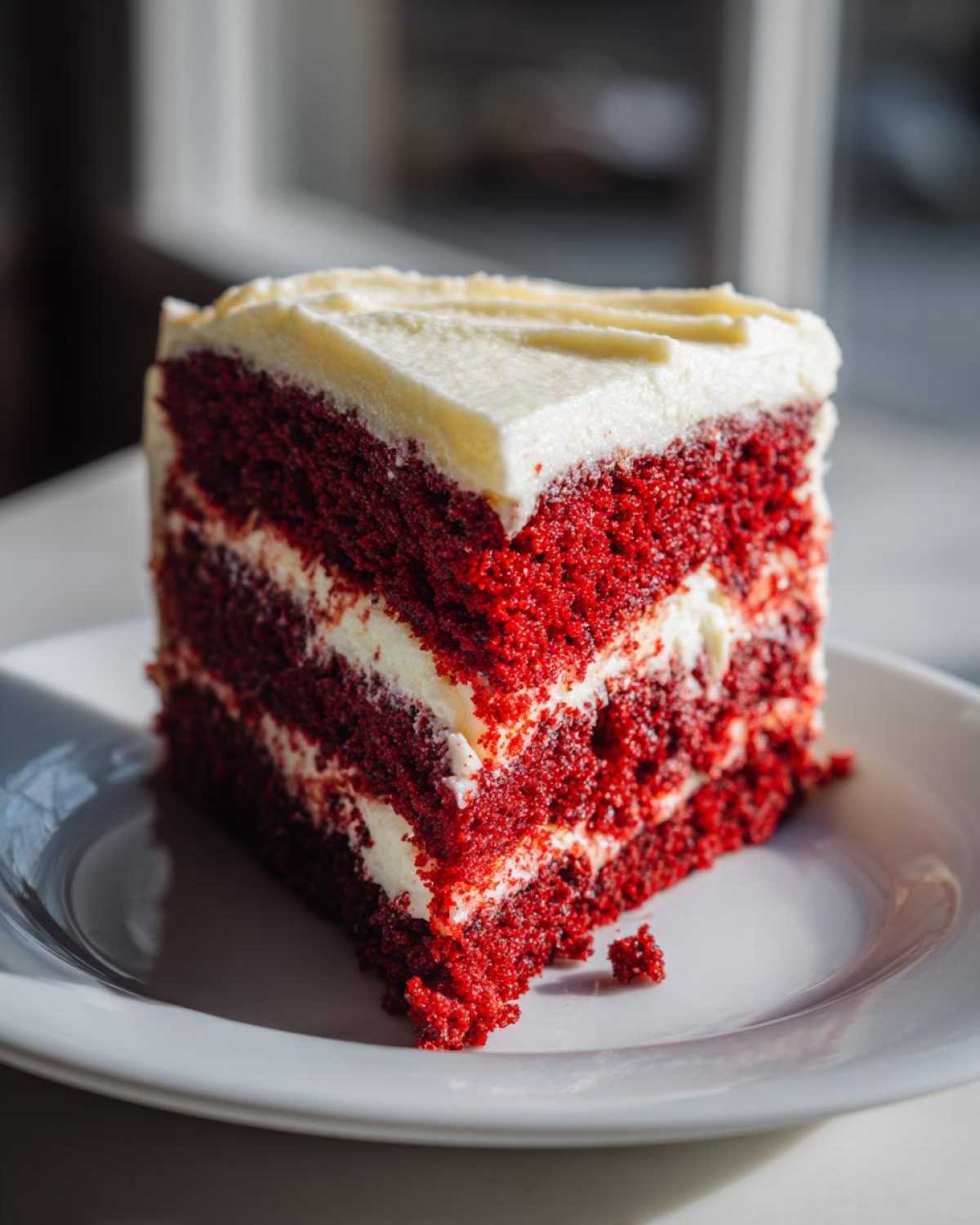 A tall, layered slice of vibrant red velvet cheesecake with thick cream cheese frosting.