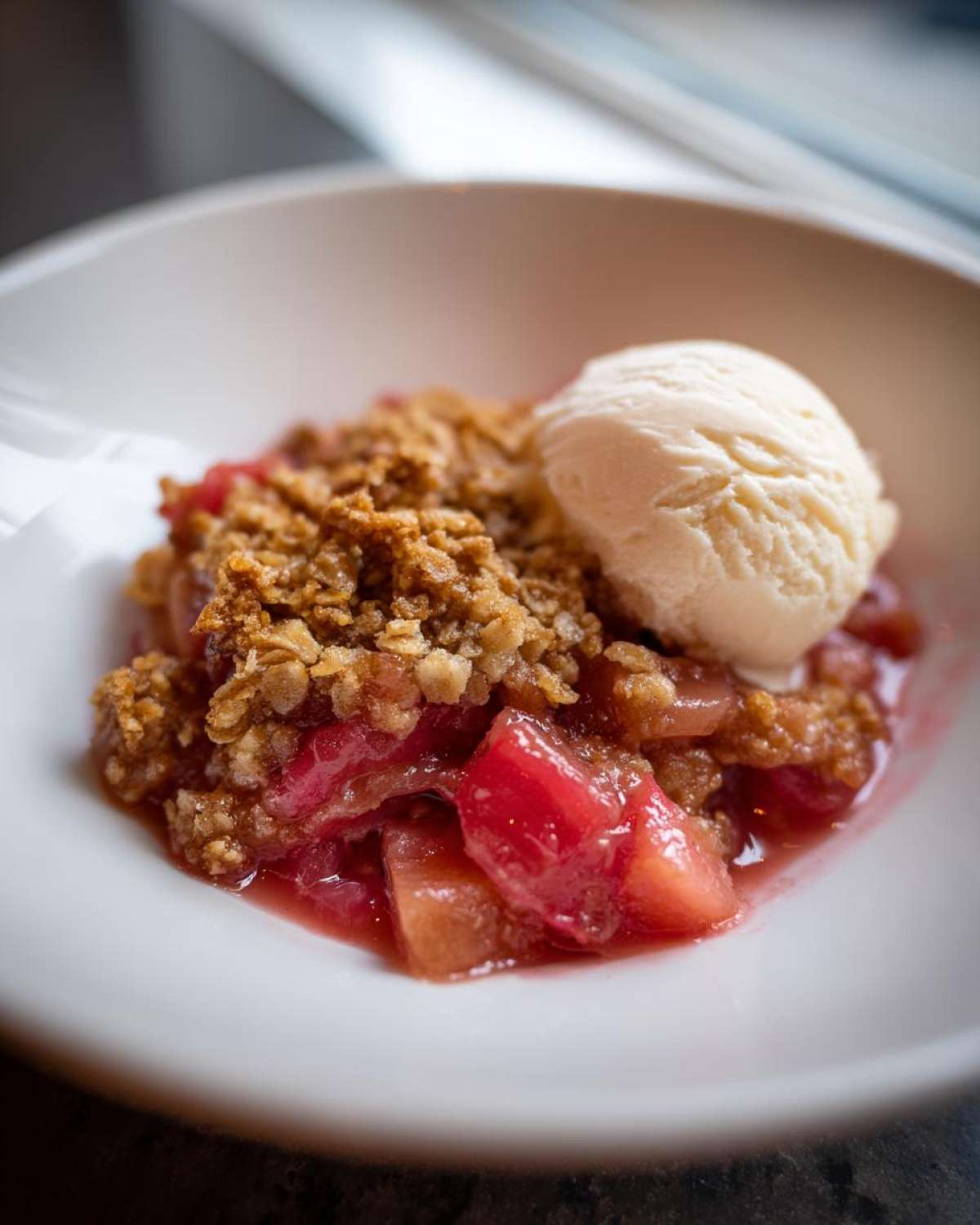 Close-up of a warm serving of rhubarb crisp topped with a scoop of vanilla ice cream in a white bowl.