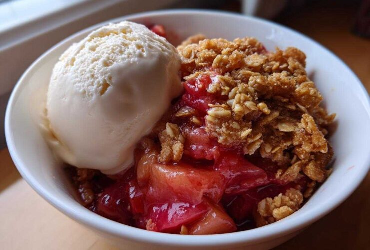 A close-up of a white bowl filled with warm rhubarb crisp topped with a scoop of vanilla ice cream.