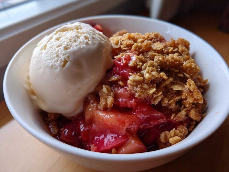 A close-up of a white bowl filled with warm rhubarb crisp topped with a scoop of vanilla ice cream.