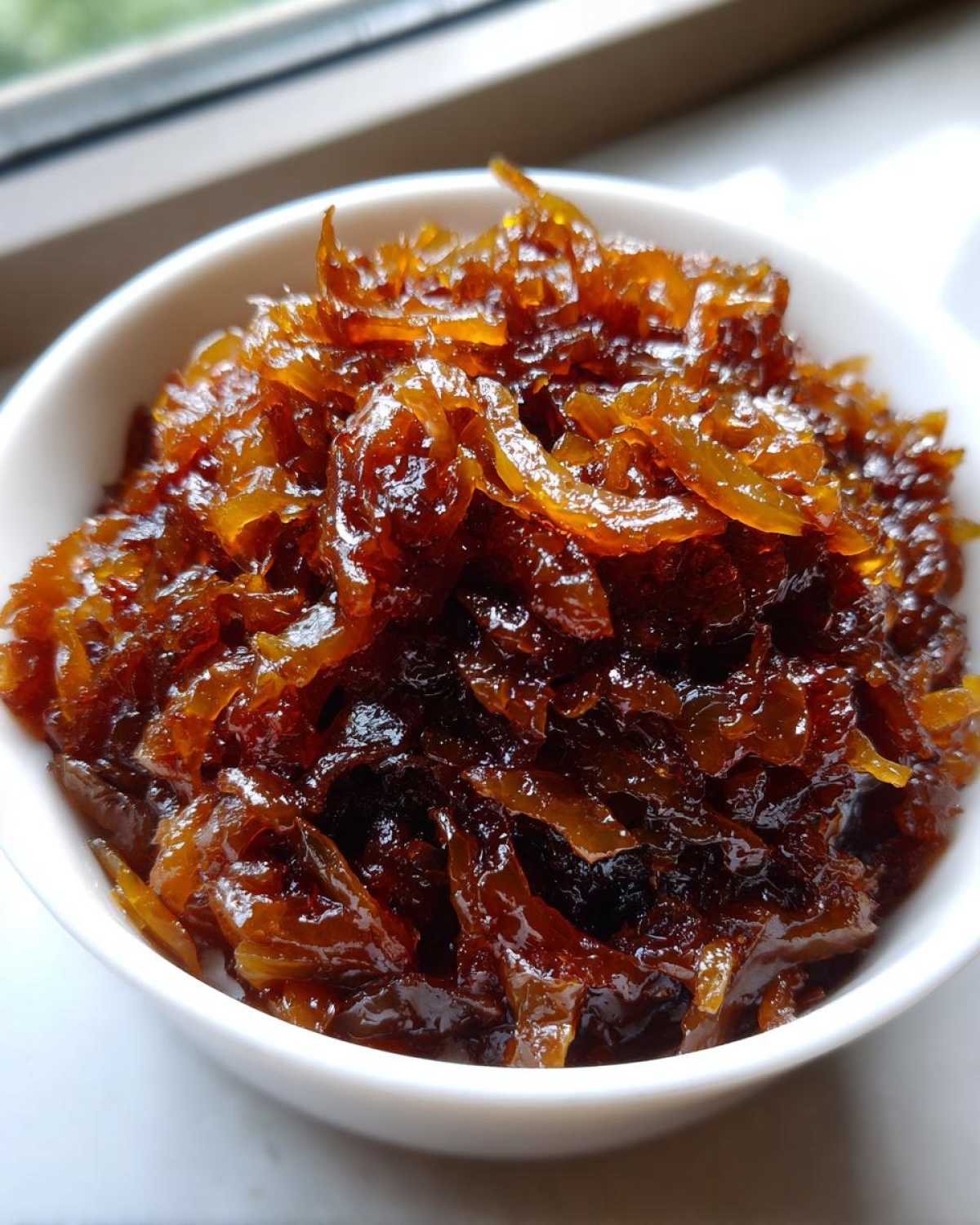 Close-up of deeply browned, glossy caramelized onions filling a small white bowl.