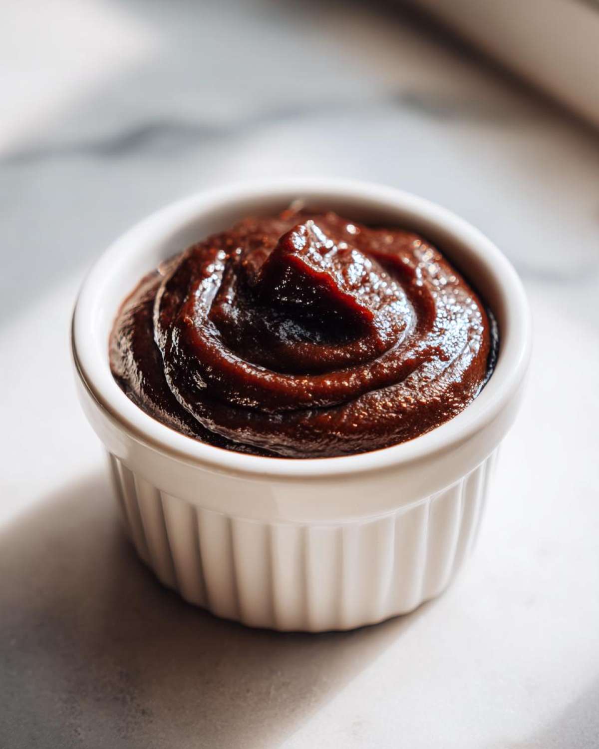 A close-up of thick, dark brown homemade apple butter swirled in a small white ramekin.