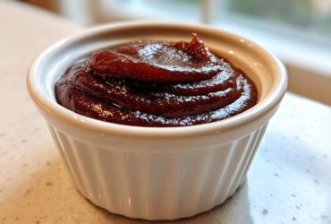 Close-up of thick, dark brown apple butter swirled high in a small white ramekin.