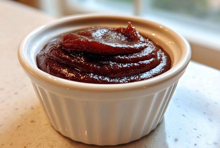 Close-up of thick, dark brown apple butter swirled high in a small white ramekin.