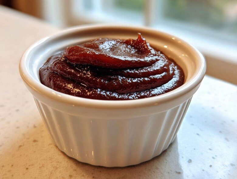 Close-up of thick, dark brown apple butter swirled high in a small white ramekin.