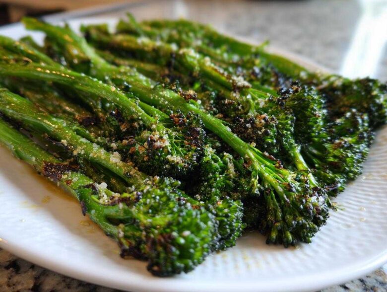 Close-up of roasted broccolini spears seasoned with grated cheese, highlighting the char marks.