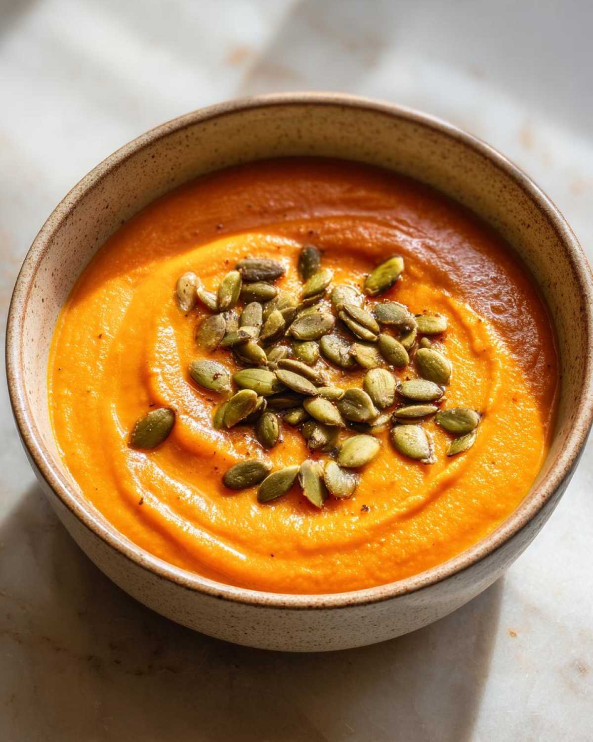 Close-up of vibrant orange roasted butternut squash soup topped with green pumpkin seeds (pepitas).