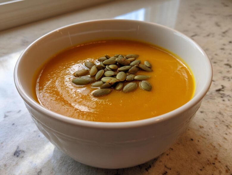 A close-up of a bowl of vibrant orange roasted butternut squash soup topped with green pumpkin seeds (pepitas).