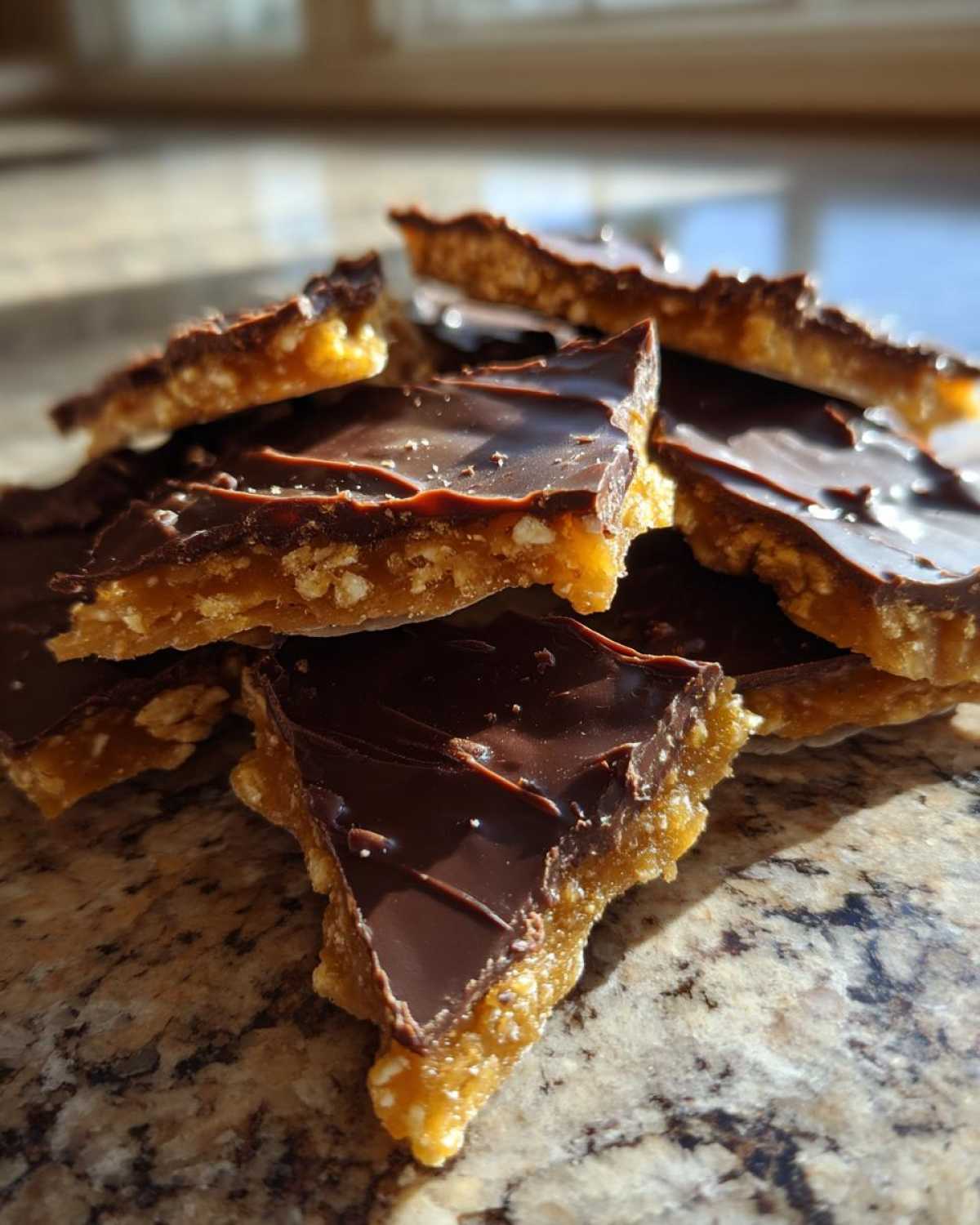 Close-up of broken pieces of rich saltine cracker toffee with a dark chocolate topping, resting on a granite counter.