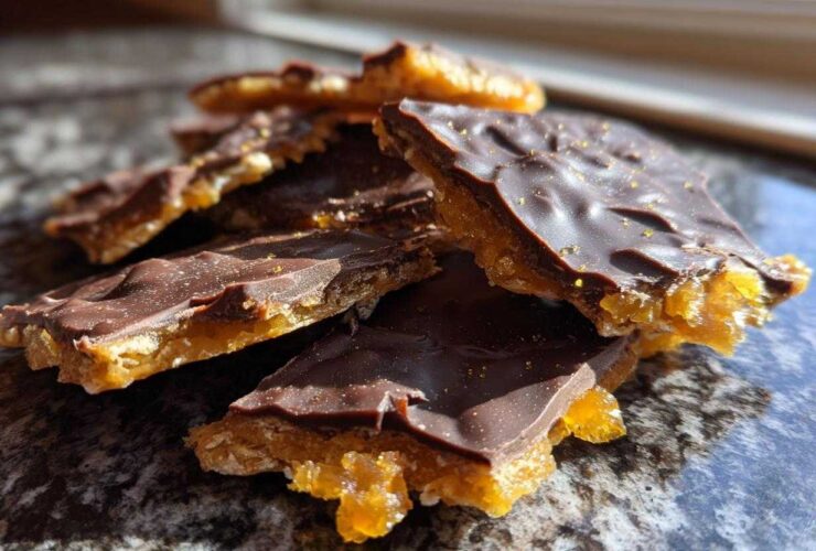 Close-up of broken pieces of homemade saltine cracker toffee topped with dark chocolate and gold sprinkles.