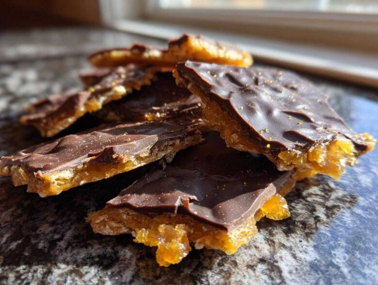 Close-up of broken pieces of homemade saltine cracker toffee topped with dark chocolate and gold sprinkles.