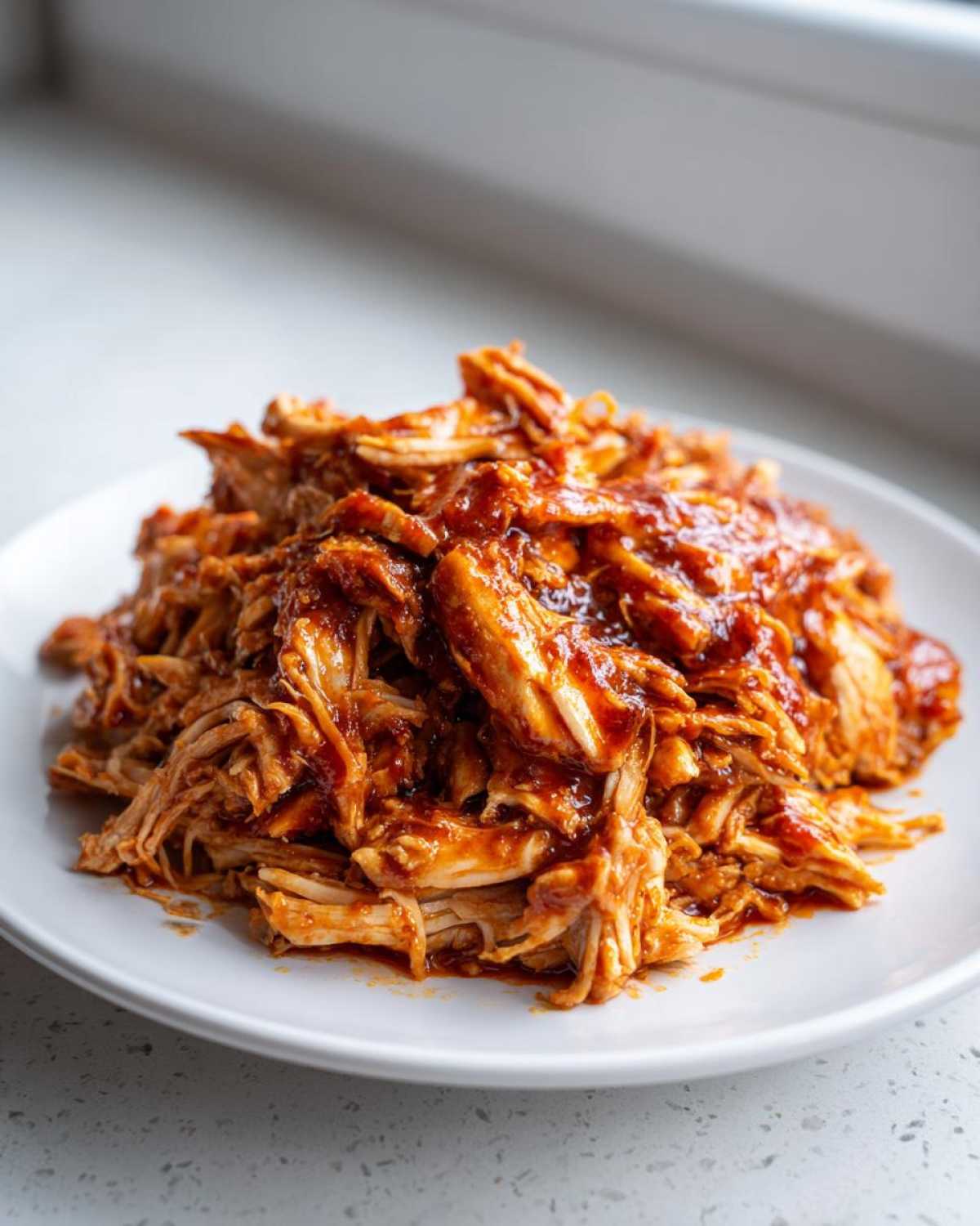 A mound of saucy, shredded pulled chicken coated in barbecue sauce, served on a white plate.