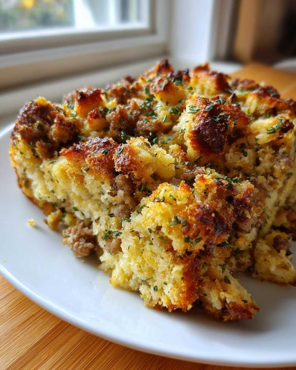 A close-up of a square serving of savory sausage cornbread stuffing, garnished with parsley.