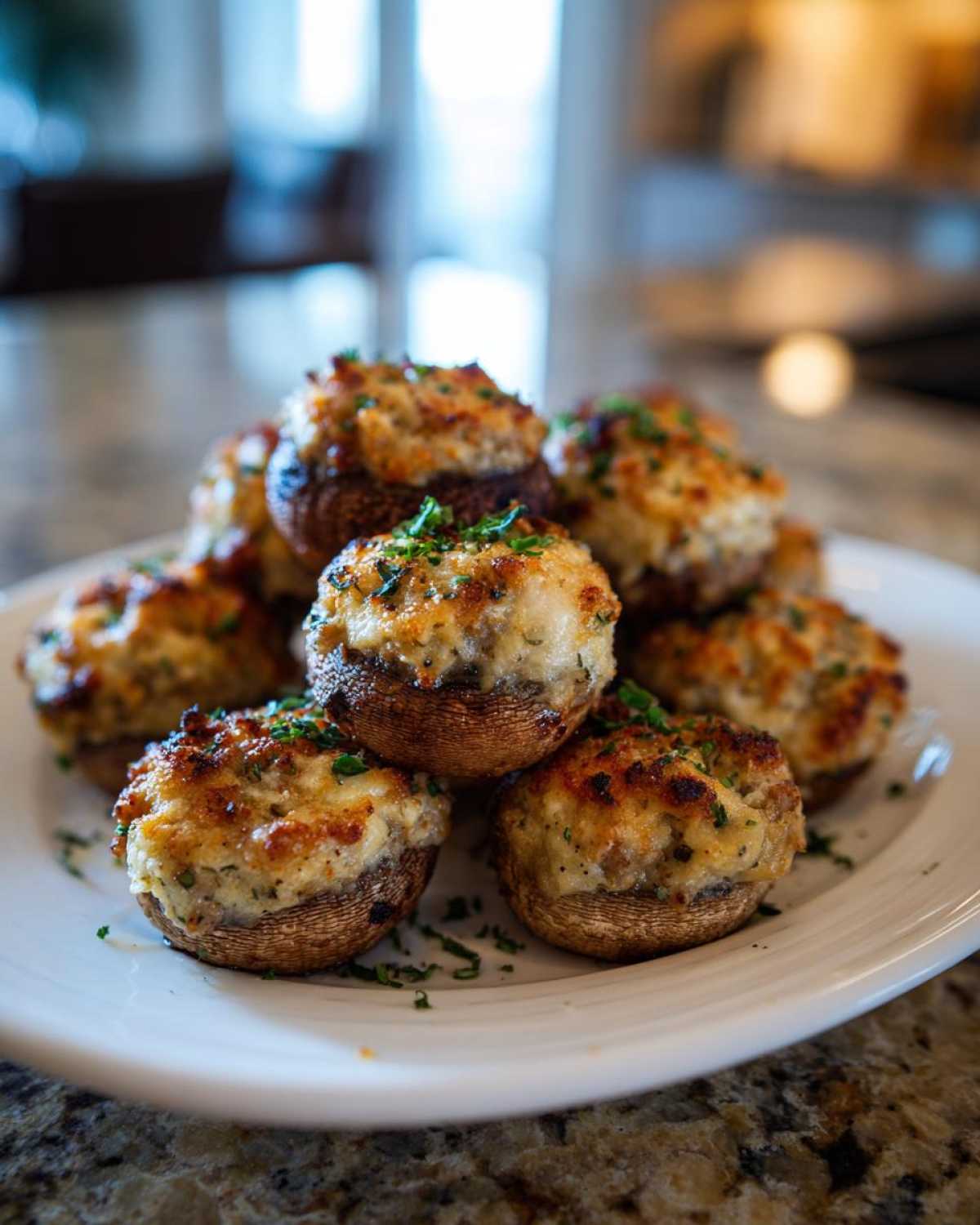 A pile of golden-brown sausage stuffed mushrooms recipe appetizers garnished with fresh parsley on a white plate.