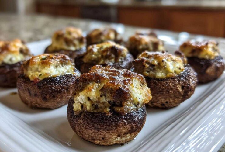 Close-up of freshly baked sausage stuffed mushrooms recipe arranged on a white platter.
