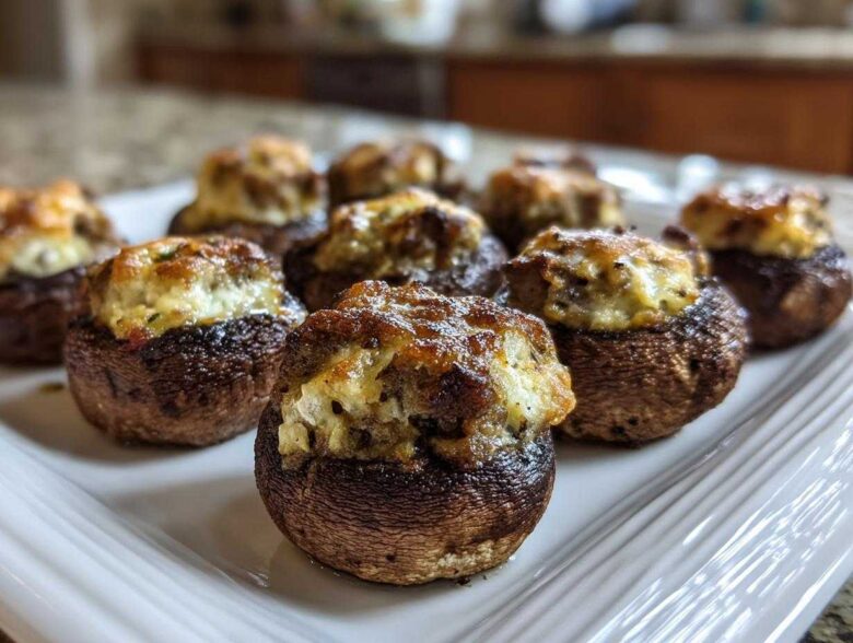 Close-up of freshly baked sausage stuffed mushrooms recipe arranged on a white platter.