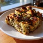A square slice of savory sausage stuffing with a crispy, golden-brown top, garnished with parsley.