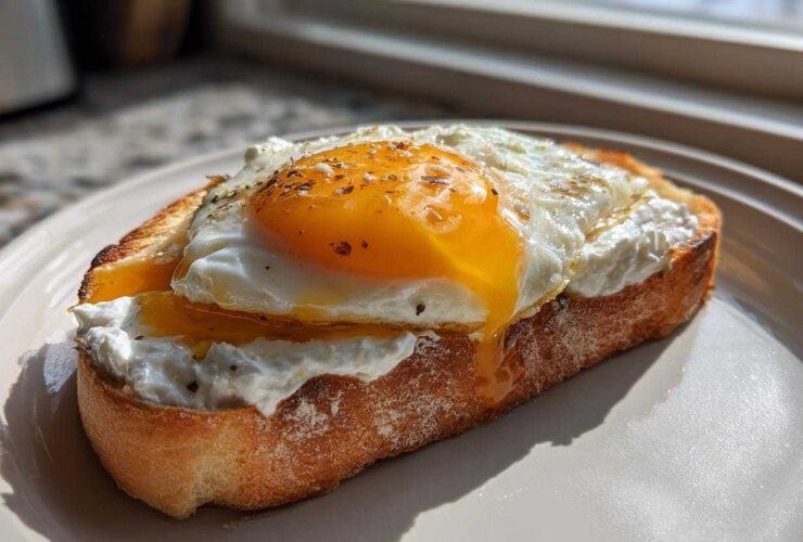 A thick slice of toasted bread topped with creamy ricotta cheese and a runny sunny-side-up egg, seasoned with pepper. This is a savory ricotta toast.