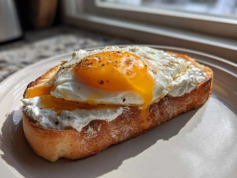 A thick slice of toasted bread topped with creamy ricotta cheese and a runny sunny-side-up egg, seasoned with pepper. This is a savory ricotta toast.