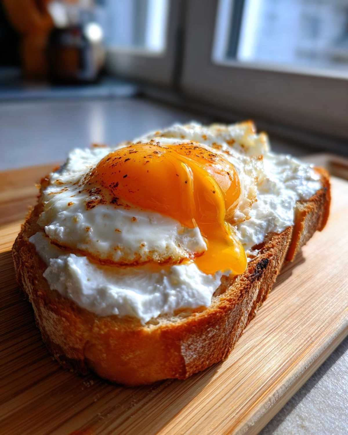 A slice of toasted bread topped with creamy ricotta cheese and a fried egg with a runny yolk, a perfect savory ricotta toast.