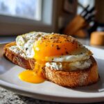 Close-up of savory ricotta toast topped with a perfectly cooked sunny-side-up egg and herbs.