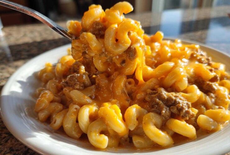 A fork lifts a generous portion of creamy, cheesy homemade hamburger helper mixed with ground beef from a white plate.