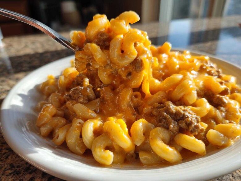 A fork lifts a generous portion of creamy, cheesy homemade hamburger helper mixed with ground beef from a white plate.