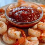 Close-up of cooked, chilled shrimp surrounding a small glass bowl of thick, red shrimp cocktail sauce.